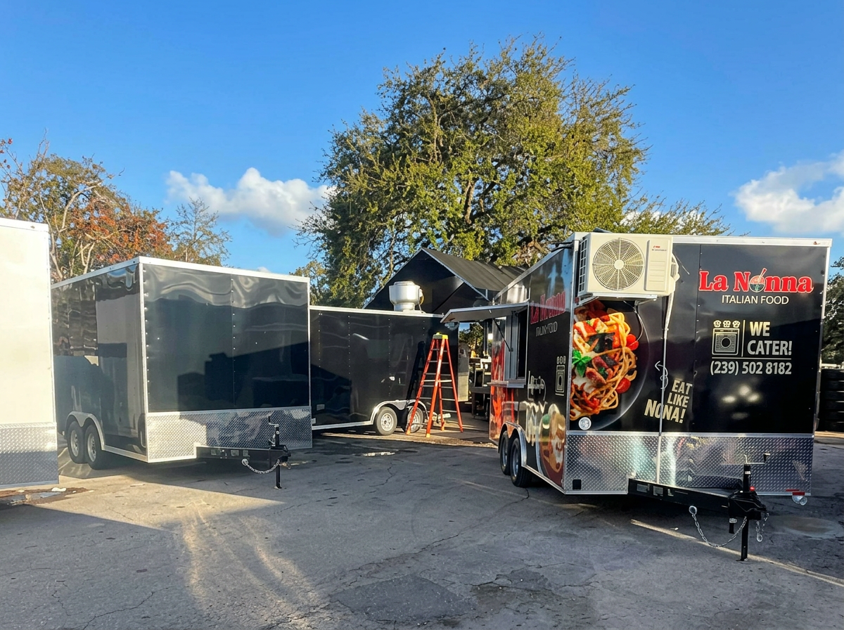 La Nonna Italian Food trailer and matching black trailer in lot